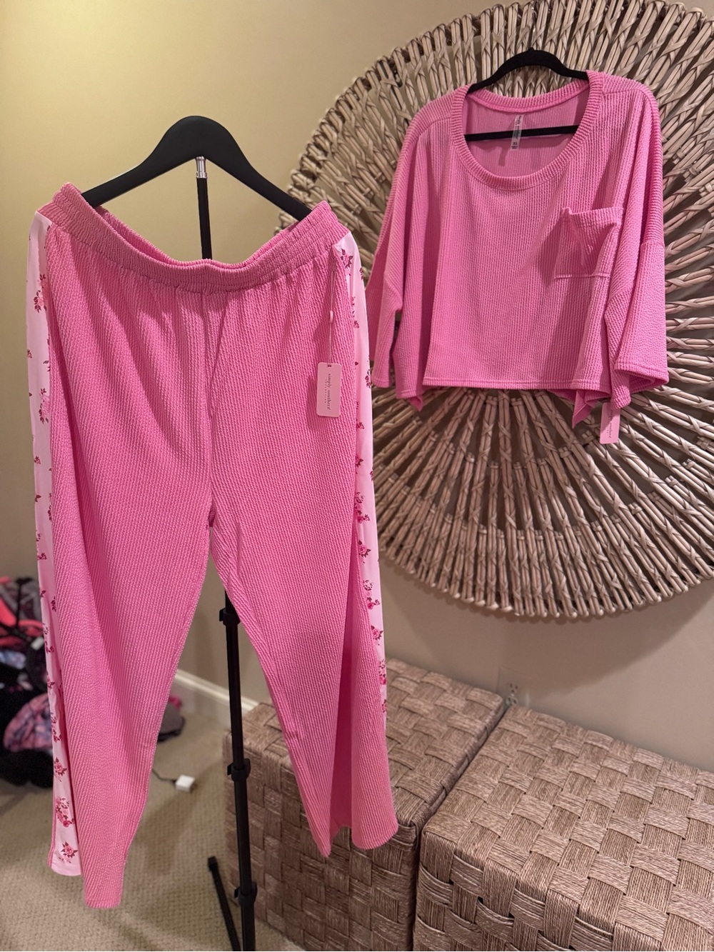 Pink Waffle-Knit women’s 2 piece set with Floral Side Stripes
